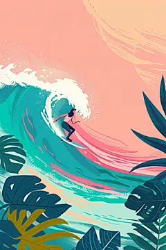 扁平风冲浪手绘夏季插画