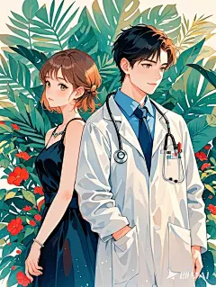魅力的男医生穿着白大褂，脖子里挂着听诊器，胸前的口袋里挂着笔，穿黑色礼服女生站立在身旁，背景绿色植物，红色的花朵点缀在绿色植物中，手绘插画，大面积留白，空灵，强调意境，水彩晕染，泼墨效果，Waterc