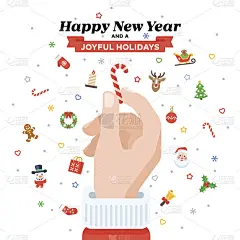 圣诞贺卡和圣诞老人的手拿着糖果拐杖。平面设计