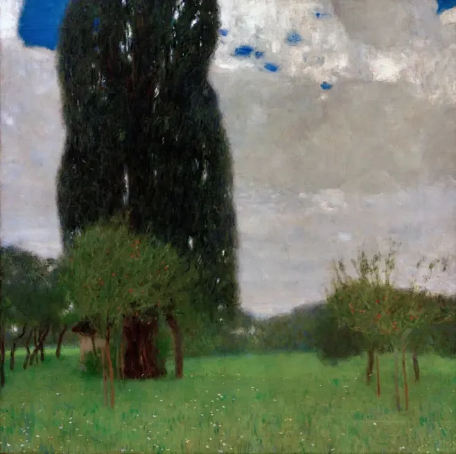 克里姆特：一次逃离阿特 1905 年之后，克里姆特的风景画有了一些变化，忧郁的色调减少，丰富的阿特湖在他的画布上开始被压缩，变得越来越 