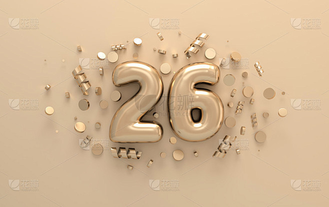 金色3d数字26，带有节日彩纸和螺旋丝带。庆祝26周年活动派对的海报模板。三维渲染