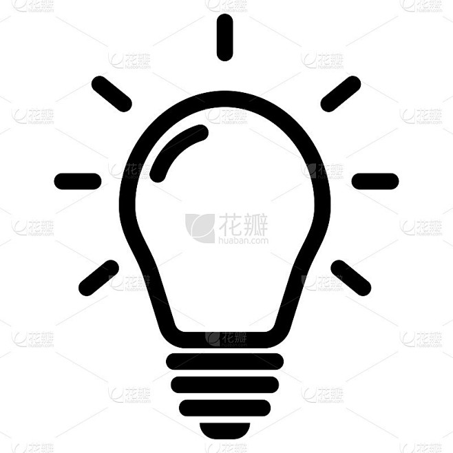 灯泡与射线发光的图标。照明电灯。时尚的平面设计风格。观念符号，解决方案，思想概念。灯泡线图标矢量，孤