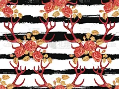 无缝夏季波西部落时尚图案与装饰花鹿角矢量背景完美的壁纸，图案填充，网页，表面纹理，纺织品。角和玫瑰花