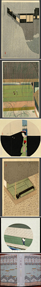 小村雪岱Komura Settai(1887–1940)，日本艺术家，从事插画、版画、平面设计，1924年他又开始了舞台布景设计，他的一些插画看上去更像是建筑轴测图，描绘了传统日本建筑空间及内部的活动……