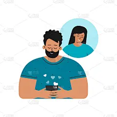 向量孤立的概念。平的卡通风格。快乐的拉丁美洲人正在跟他的亚洲女友发短信。在线约会的手机应用程序。异地