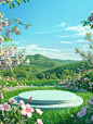 3d cartoon style. A simple circular stage is placed on a grassland with water and flowers. Blue sky background. There are rolling hills in the distance. Vibrant green, fresh spring breath. The Chinese grassland. Center composition. Cartoon style, surreali