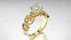 3D插图金戒指与钻石和装饰品