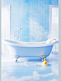 image of a bathtub and a rubber duck in the bathtub, in the style of weathercore, blue, sabattier effect, marcin sobas, loose and fluid, white and azure, wimmelbilder