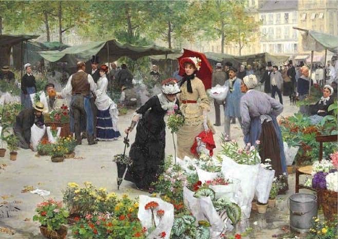 100多年前的巴黎花市。作者：法国画家V...