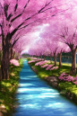 AI绘图，桃花，河流