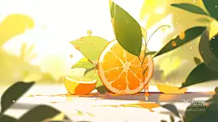橙子，切片的橙子，桌面，树叶，绿叶，精美橙子插画壁纸图片1