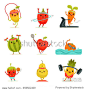 Funny fruits make fitness exercises. Vector cartoon set with diet foods