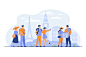 Happy couples traveling in Europe and taking photo isolated flat vector illustration. Cartoon group of people with backpack, camera and map. Vacation and tourism concept