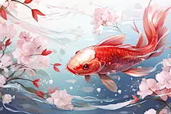 手绘锦鲤中国风国潮红色锦鲤插画