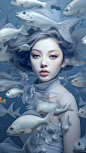 this image uses an animation to show the fish holding, in the style of feminine portraiture, gongbi, photo-realistic hyperbole, light silver and light azure, ricoh ff-9d,good body , smooth lines, real, vivid details @11122603120600804709113823100122101324