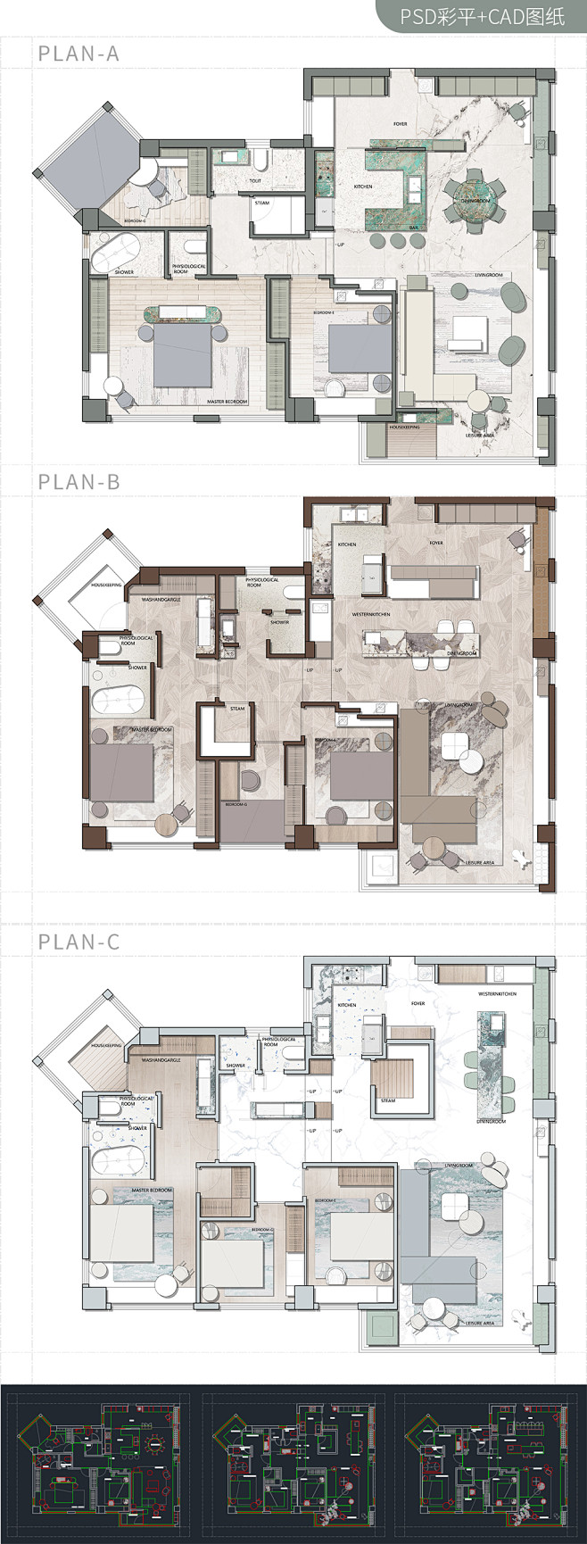 170㎡三种户型方案CAD+PS彩平图