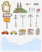 手绘城市风景路灯插画小车高清素材 建筑 指示路标 汽车 绘画 路灯 免抠png 设计图片 免费下载