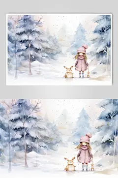AI数字艺术小雪之女孩花式赏雪插画
