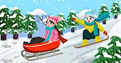 冬至插画冬至快乐冬季滑雪比赛卡通手绘插画冬天