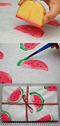 DIY watermelon print wrapping paper using a potato wedge. Would also be a great craft for the littles!: 