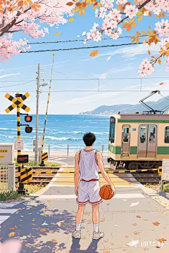 jimeng-2025-06-04-170-「灌篮高手」同款镰仓高校前插画，插画，以《灌篮高手》经典取景地——镰仓高校前站平交道口为背景，结合春樱与秋叶的浪漫，用画笔定格电车驶过海岸的瞬间，男主背对画