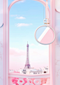 a pink frame with an eiffel tower over her eye, in the style of windows vista, tomàs barceló, curved mirrors, capturing moments, flat surfaces, wallpaper, light blue and white