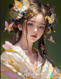 00602-2637865494-1girl, solo, butterfly, bug, blue eyes, earrings, jewelry, looking at viewer, long hair, brown hair, red lips, portrait, closed