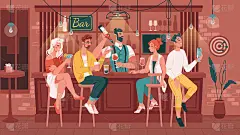 朋友们在酒吧或酒吧里喝酒聊天。男男女女坐在柜台旁等待酒保点餐。夜生活娱乐。平面卡通人物矢量