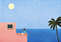 无忧无虑的女人伸展在阳光明媚的海边别墅插画素材