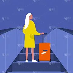 年轻的金发女乘客拿着行李上了自动扶梯。机场。地铁站。旅行。平面可编辑矢量插图，剪辑艺术