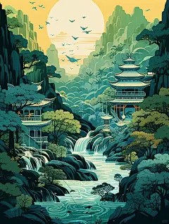 扁平风中国山水插画，爱了爱了