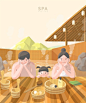 韩式三温暖 室外泡澡 木桶鸡蛋 温泉SPA插画PSD07
