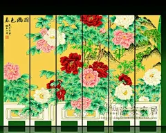 春色满园手绘屏风折屏隔断玄关立体漆画背景客厅装饰画金箔壁画-淘宝网