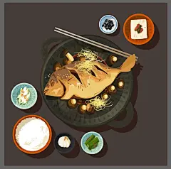 精品14款手绘美食鱼汤饭菜蛋糕蔬菜营养餐插画海报矢量图设计素材-淘宝网