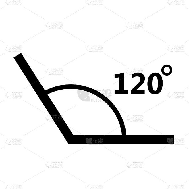 白色背景上的120度角图标。角度测量信号。角符号。平的风格。