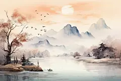 云雾画作山峰水墨插画图片