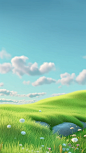 landscape 3d background animated, green grass, in the style of cute and dreamy, landscape-focused, sky-blue, hazy, landscape inspirations