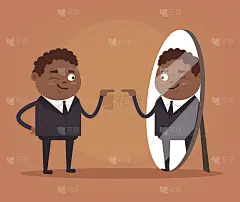 快乐微笑自恋的非裔美国商人办公室职员性格看着镜子