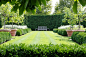 Buchsbaum Sitzbank Metall Blumentöpfe Keramik Garten mediterranischer Stil