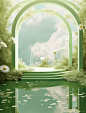 an arch is shown under a green tree with white daisies, in the style of surrealist dreamlike scenes, water and land fusion, rendered in cinema4d, mist, ricardo bofill, cute and dreamy, green