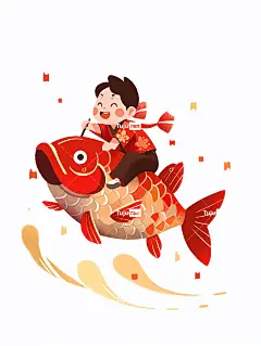 一个可爱的中国小男孩骑着一条大鲤鱼过年气氛海报