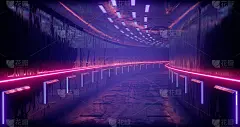 3 d渲染插图。科幻未来抽象梯度蓝紫粉色霓虹灯。在混凝土地板的反射下，一条发光的走廊。黑暗的室内房间