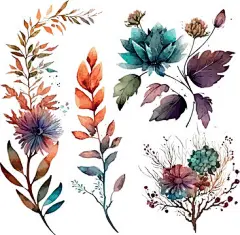 图源免费EPS文件 |矢量水彩花卉花束插图集 - 腮红粉色蓝色黄色花朵绿叶树枝花束收藏。婚礼文具，问候，壁纸，时尚