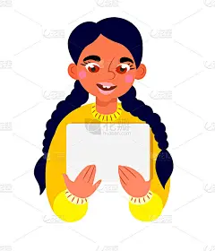 快乐的孩子拿着空白的广告牌。孤立的肖像。小女孩拿着空白的宣传海报