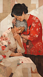 "30 years old youth curled sideways tenderly embracing 50 years old grandmothers head-to-toe in compositions forming a 'taiji symbol shape', created by collaging and stitching together diverse coarse fabrics."Asian 。 The style is unsophisticated