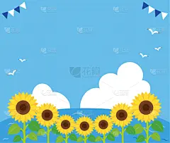 向日葵,夏天,田地,海洋,地形,可爱的,贺卡,清新,边框,云