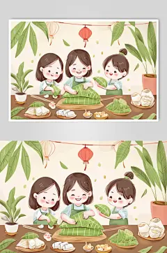 AI数字艺术端午节包粽子人物插画