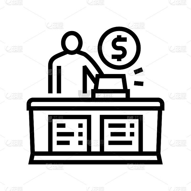 收银台卖家在柜台线图标矢量插图