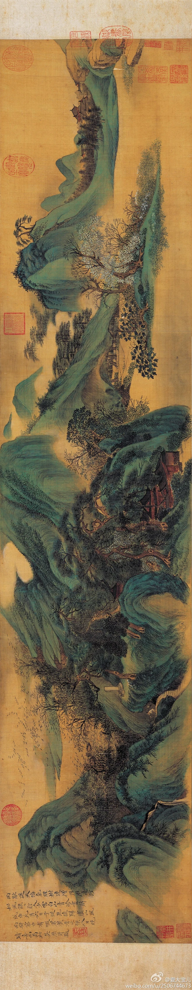 清 吴历《云白山青图卷》绢本设色 横：117.2cm 纵：25.9cm 藏台北故宫。此卷为吴历37岁之作，画法继承唐宋以来青绿山水画传统，临摹 ...