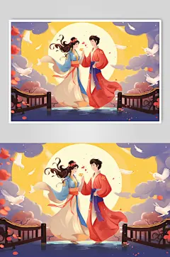AI数字艺术国风汉服情侣七夕牛郎织女插画